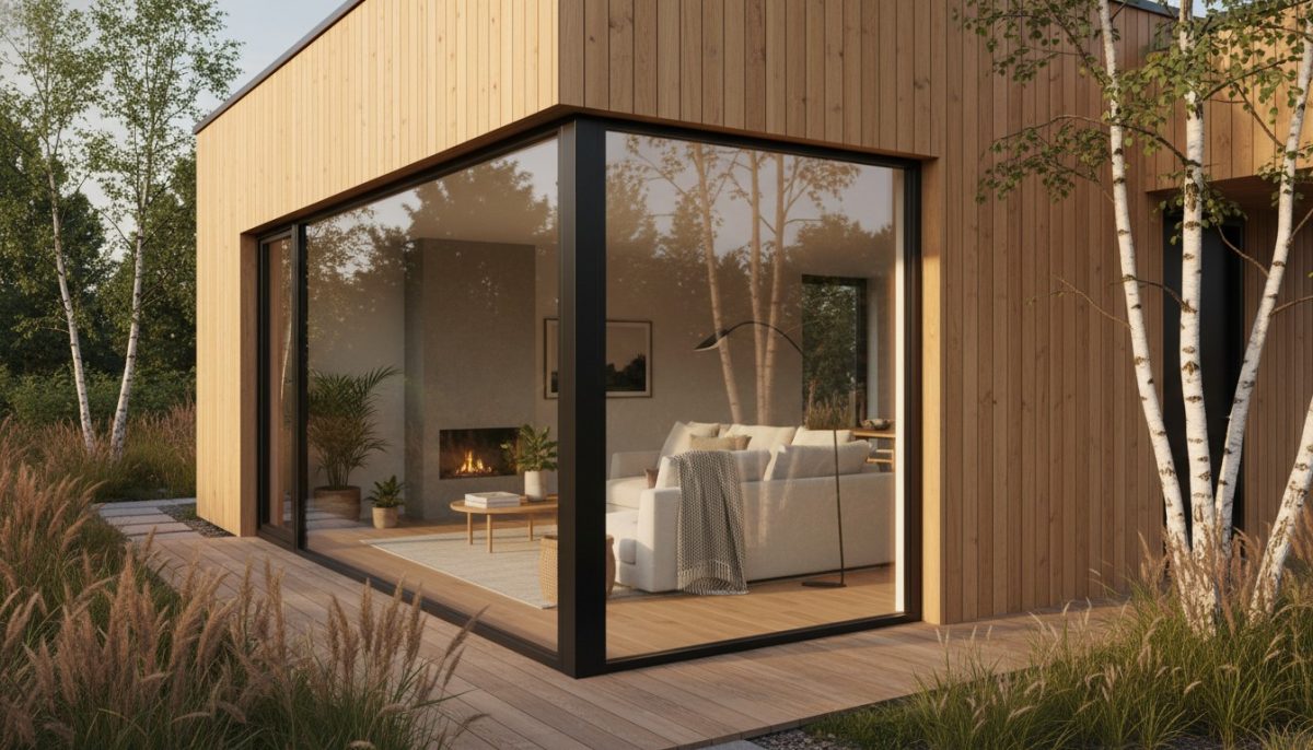 Maison scandinave bois avec grandes fenêtres
